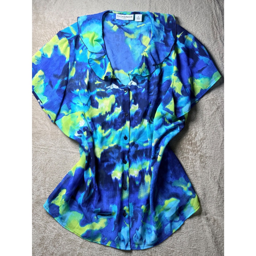 Sag Harbor Woman Abstract Watercolor Ruffle Chiffon Top  Mermaidcore Fairycore